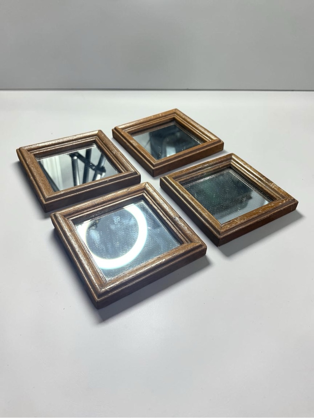 Vintage 80s 5” Square Wood Framed Mirrors Set Of 4 Wall Mounted Accent See Pics